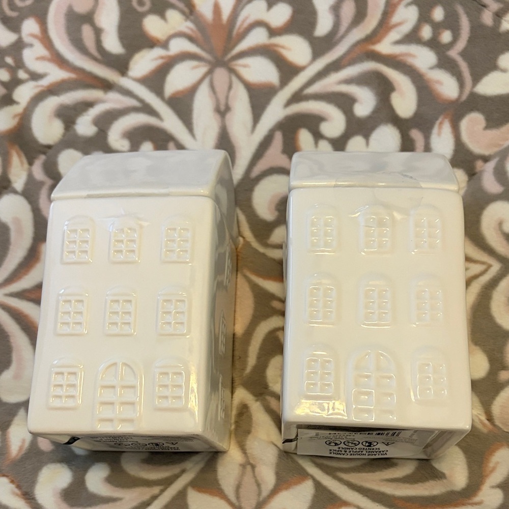 White Ceramic House Candle Holders With Lids. Caramel Apple and Spice Scented